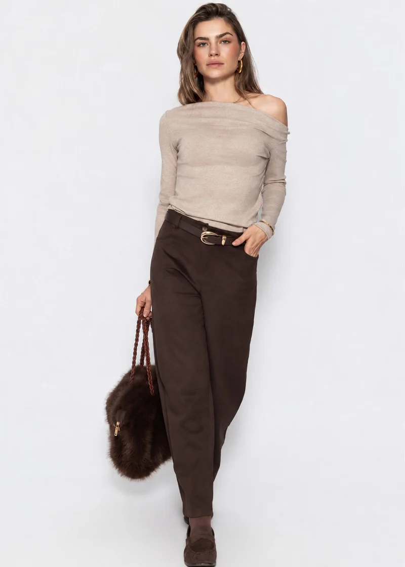 Glitzershirt mit asymmetrischem Ausschnitt - beige