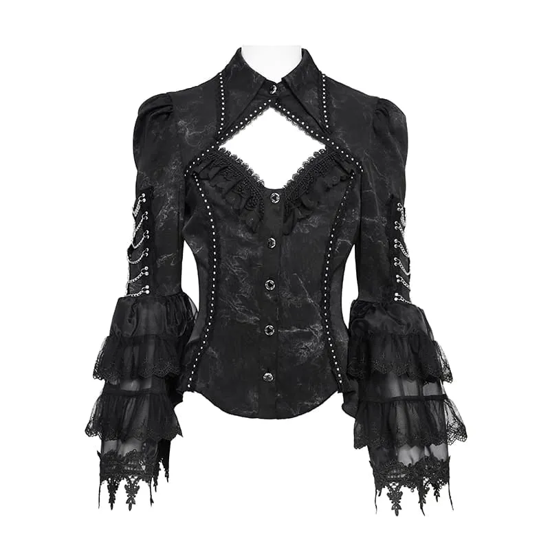 Gothic-Damenbluse mit Schnürung, Ketten, Cut-outs und ausgestellten Ärmeln