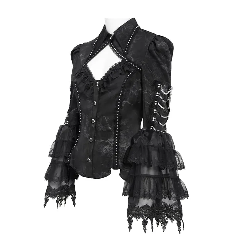 Gothic-Damenbluse mit Schnürung, Ketten, Cut-outs und ausgestellten Ärmeln