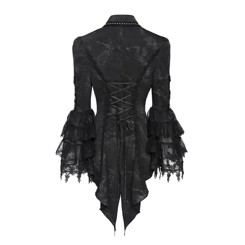 Gothic-Damenbluse mit Schnürung, Ketten, Cut-outs und ausgestellten Ärmeln