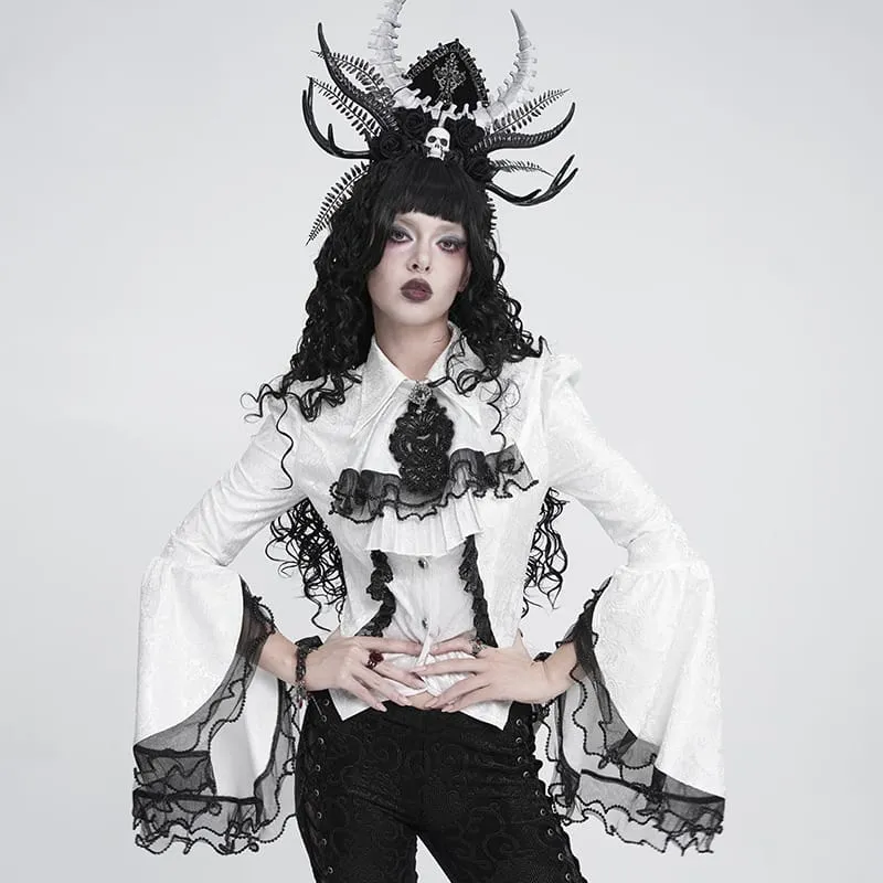 Weiße Gothic-Jacquard-Bluse mit Schwalbenschwanzärmeln und Kragen sowie Schleife für Damen