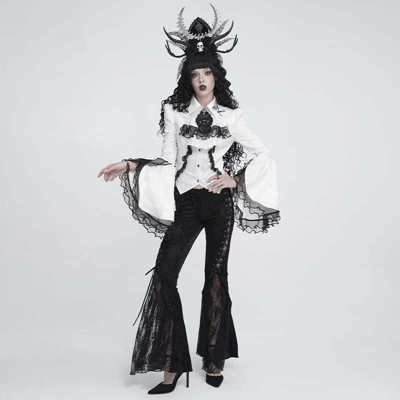 Weiße Gothic-Jacquard-Bluse mit Schwalbenschwanzärmeln und Kragen sowie Schleife für Damen