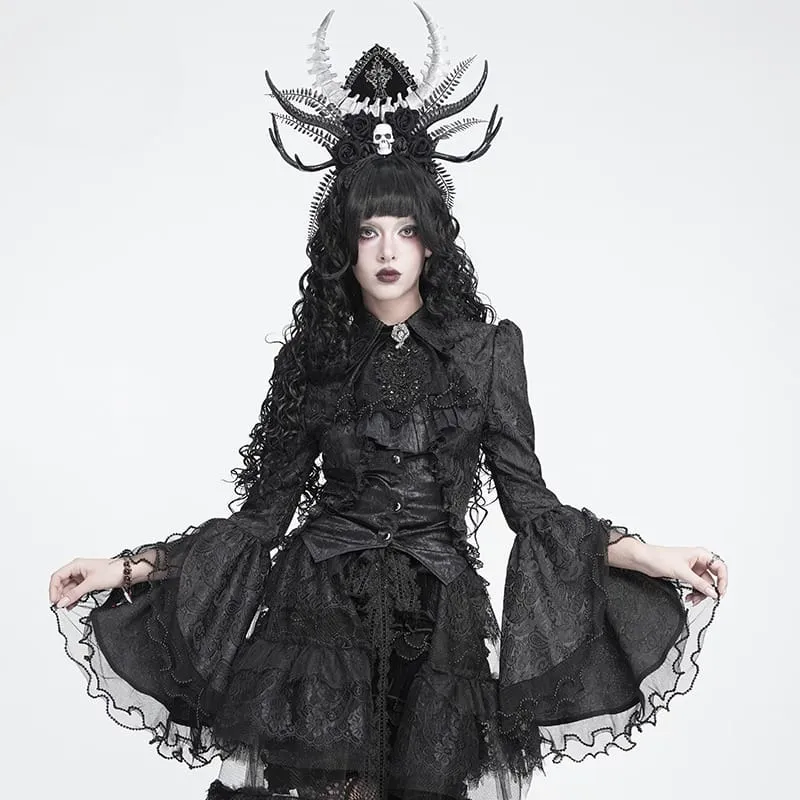 Schwarze Gothic-Jacquard-Bluse mit Schwalbenschwanzärmeln und Kragen mit Schleife für Damen