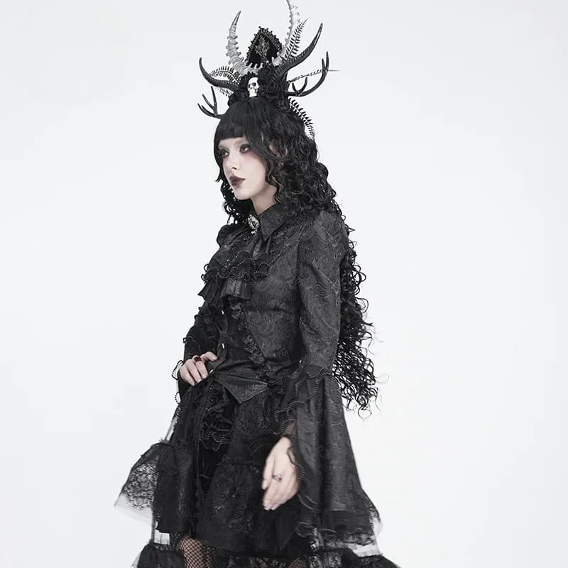 Schwarze Gothic-Jacquard-Bluse mit Schwalbenschwanzärmeln und Kragen mit Schleife für Damen