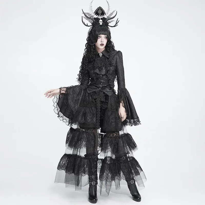 Schwarze Gothic-Jacquard-Bluse mit Schwalbenschwanzärmeln und Kragen mit Schleife für Damen