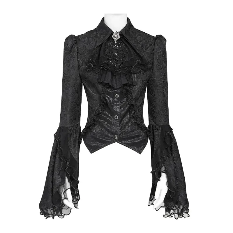 Schwarze Gothic-Jacquard-Bluse mit Schwalbenschwanzärmeln und Kragen mit Schleife für Damen