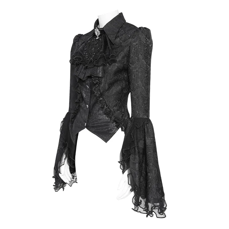 Schwarze Gothic-Jacquard-Bluse mit Schwalbenschwanzärmeln und Kragen mit Schleife für Damen