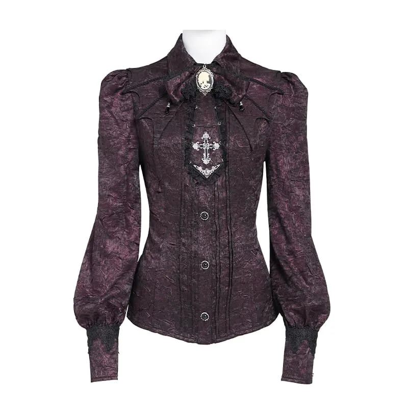Gothic-Jacquard-Hemd für Damen mit Fledermausärmeln und Krawatte, rot