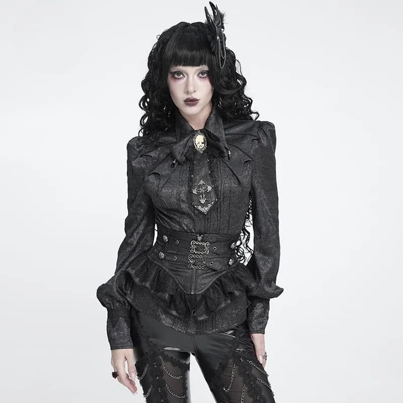 Schwarzes Gothic-Jacquard-Hemd für Damen mit Fledermausärmeln und Krawattenkragen
