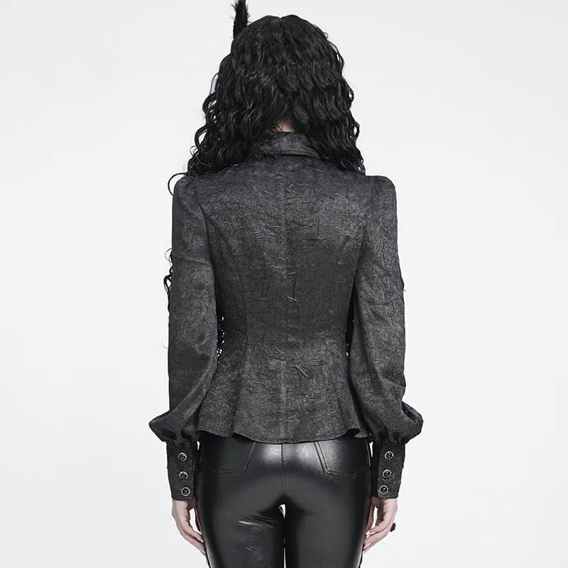 Schwarzes Gothic-Jacquard-Hemd für Damen mit Fledermausärmeln und Krawattenkragen