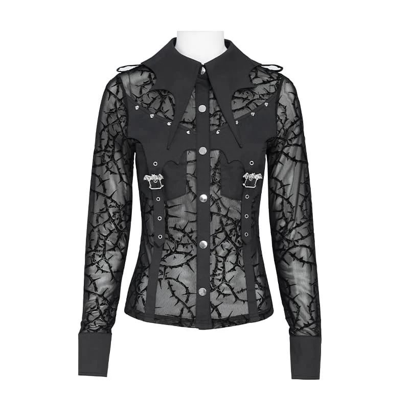 Gothic-Damenbluse mit transparentem, dornigem Rankenmuster, Fledermauskragen und langen Ärmeln