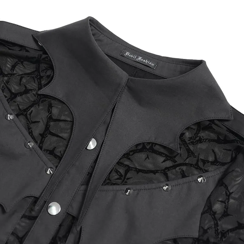 Gothic-Damenbluse mit transparentem, dornigem Rankenmuster, Fledermauskragen und langen Ärmeln