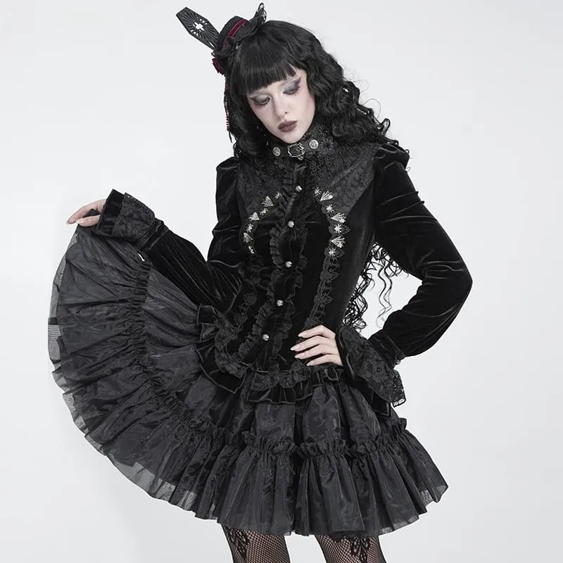 Schwarzes, gotisches Damenhemd mit Stickerei, Rüschenkragen und langen Ärmeln