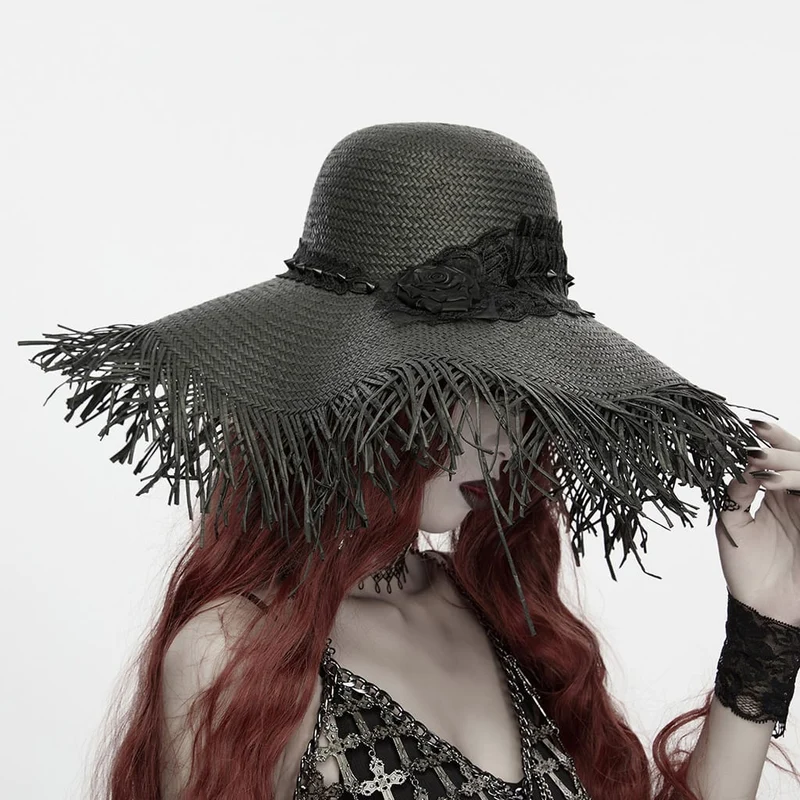 Gothic-Strohhut für Damen mit Rosenapplikation und breiter Krempe