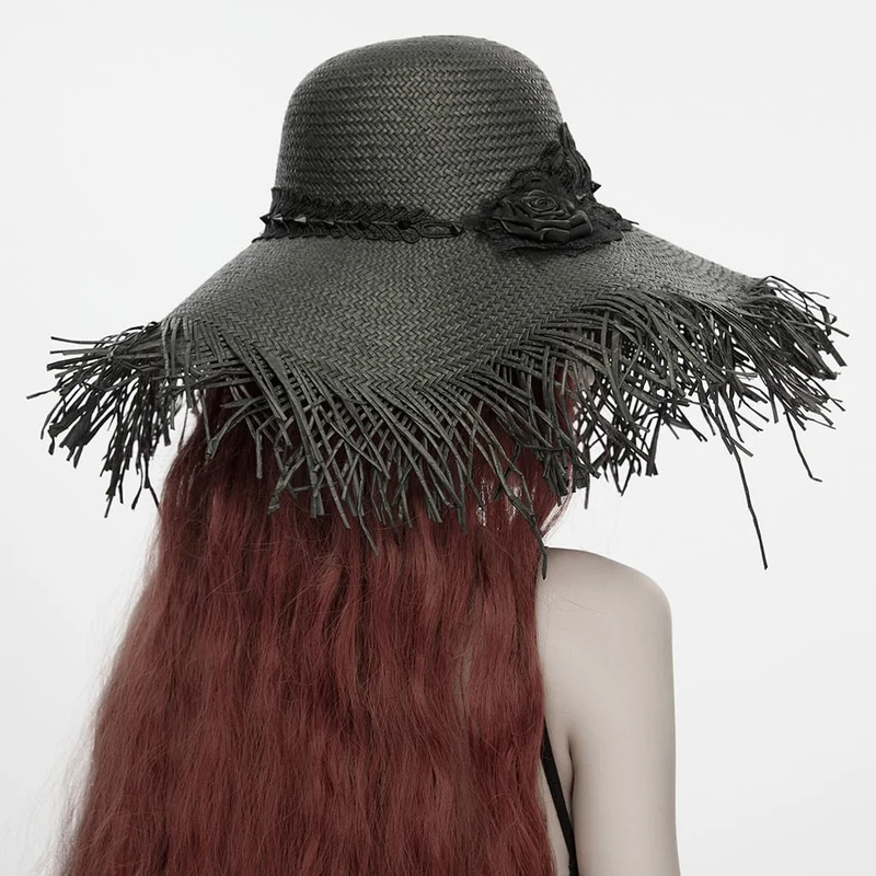 Gothic-Strohhut für Damen mit Rosenapplikation und breiter Krempe