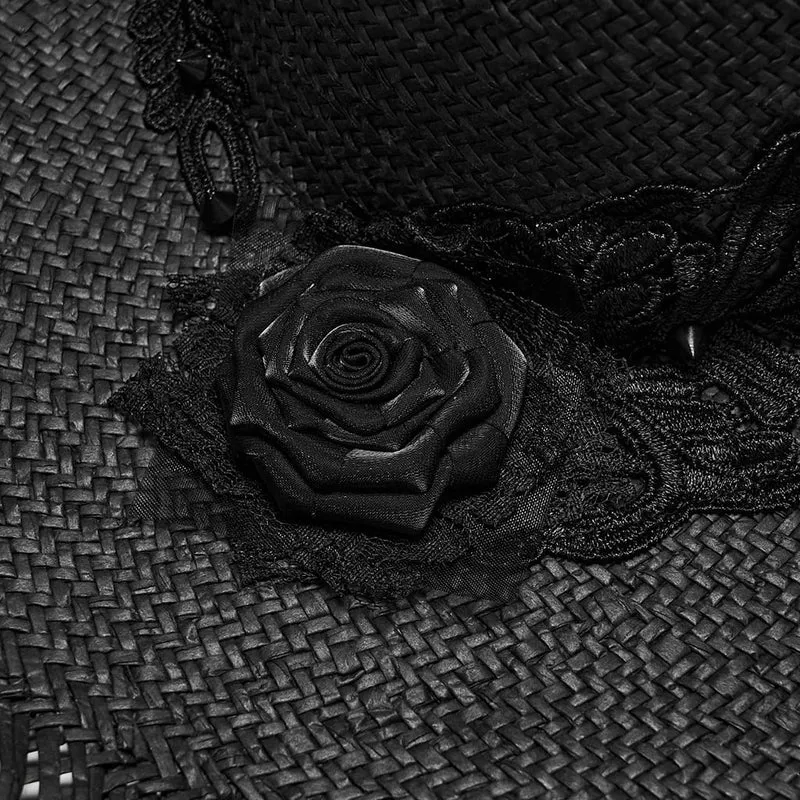 Gothic-Strohhut für Damen mit Rosenapplikation und breiter Krempe