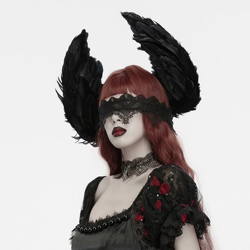 Gothic-Kopfbedeckung für Damen mit Blumenmuster und Federflügeln