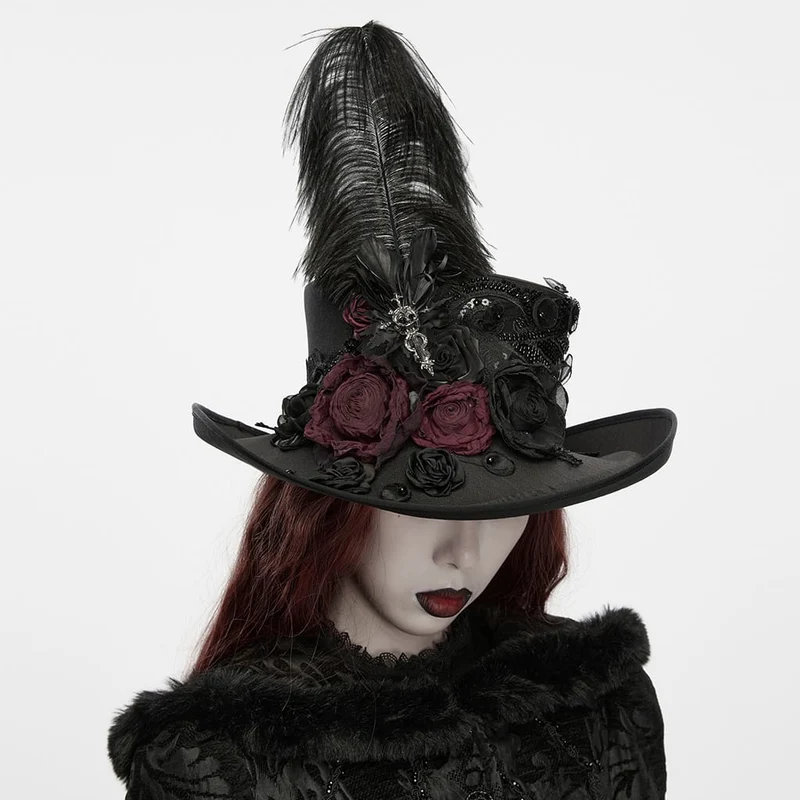 Gothic-Zylinderhut für Damen mit Rosen- und Federapplikationen