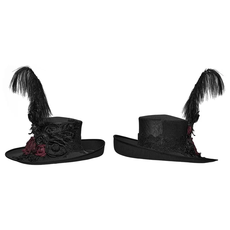 Gothic-Zylinderhut für Damen mit Rosen- und Federapplikationen