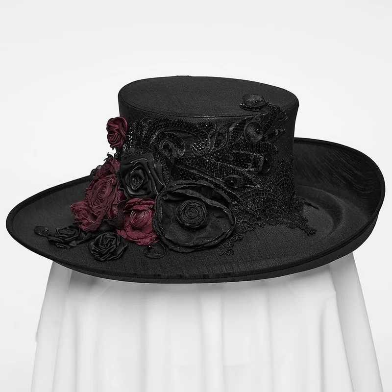 Gothic-Zylinderhut für Damen mit Rosen- und Federapplikationen