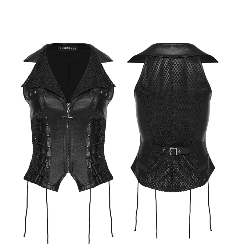 Punk-Weste für Damen mit Totenkopf-Nieten, Schnürung und Umlegekragen