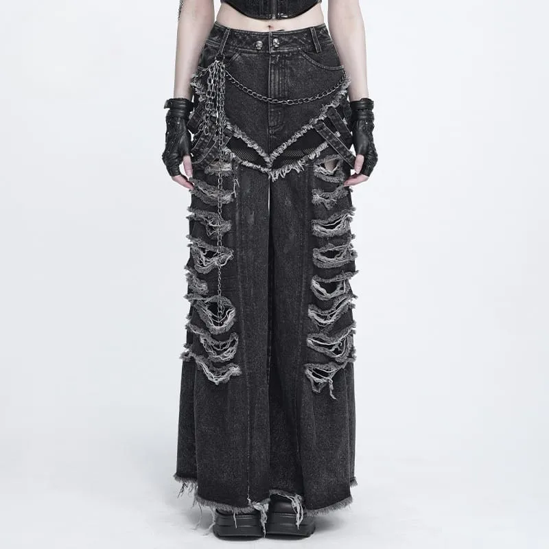Punk-Jeans für Damen mit Kettenmuster, Rissen und weitem Bein