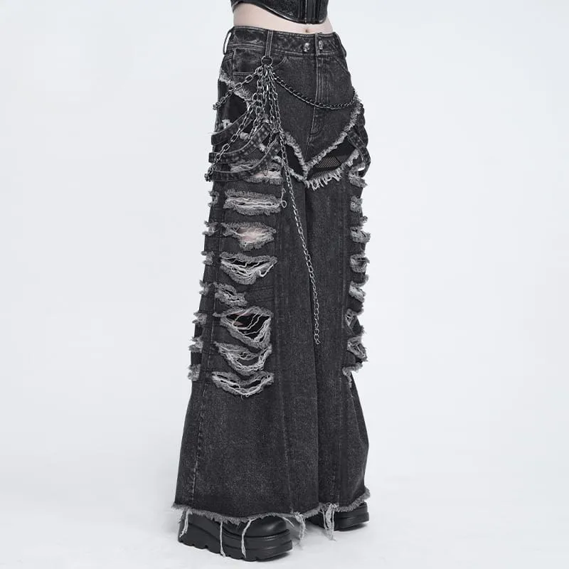 Punk-Jeans für Damen mit Kettenmuster, Rissen und weitem Bein
