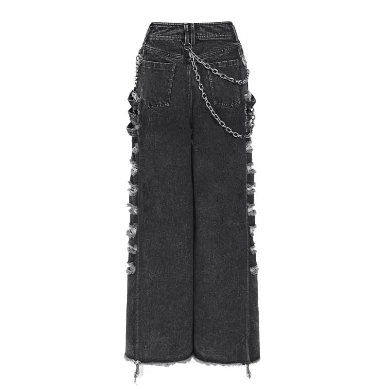 Punk-Jeans für Damen mit Kettenmuster, Rissen und weitem Bein