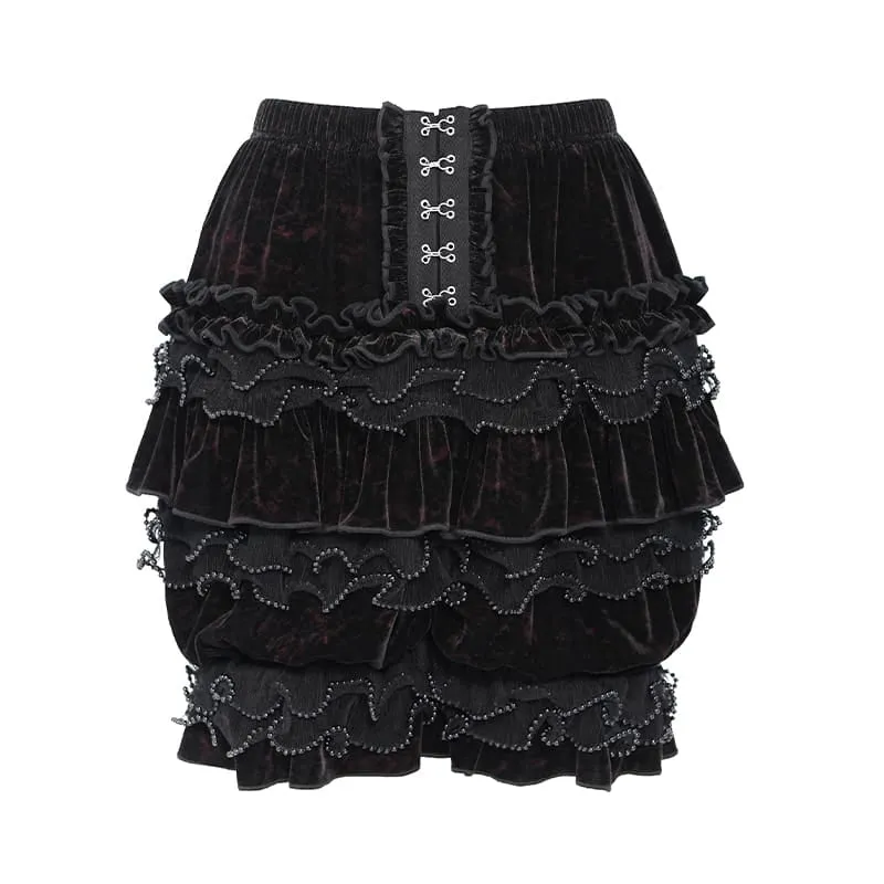 Gothic-Shorts für Damen, mehrlagig, mit Perlen und Rüschen, Samt, Schwarz-Rot