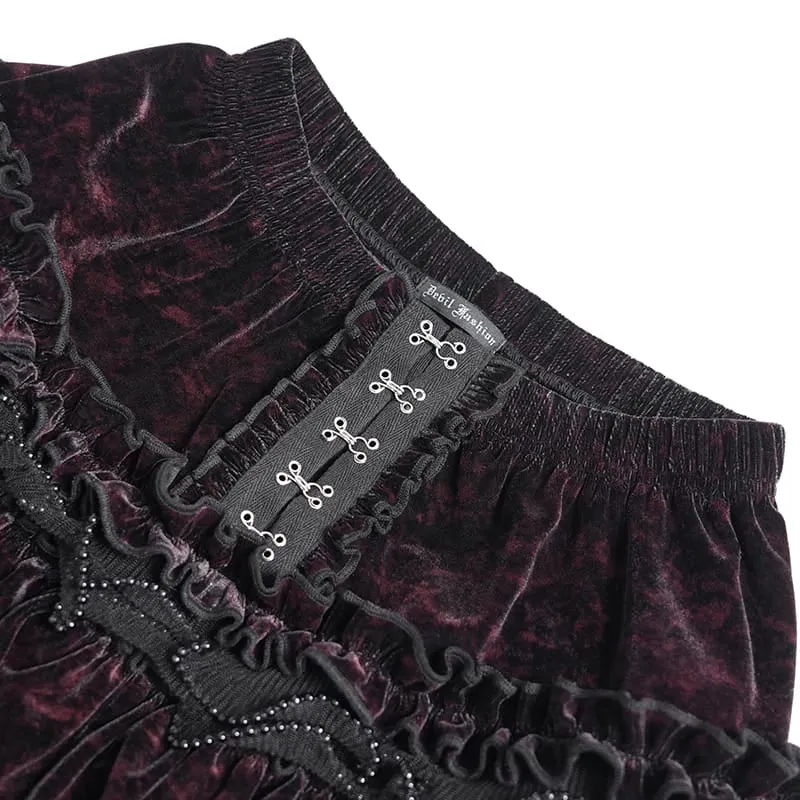 Gothic-Shorts für Damen, mehrlagig, mit Perlen und Rüschen, Samt, Schwarz-Rot