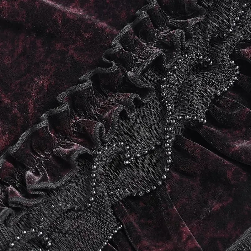 Gothic-Shorts für Damen, mehrlagig, mit Perlen und Rüschen, Samt, Schwarz-Rot