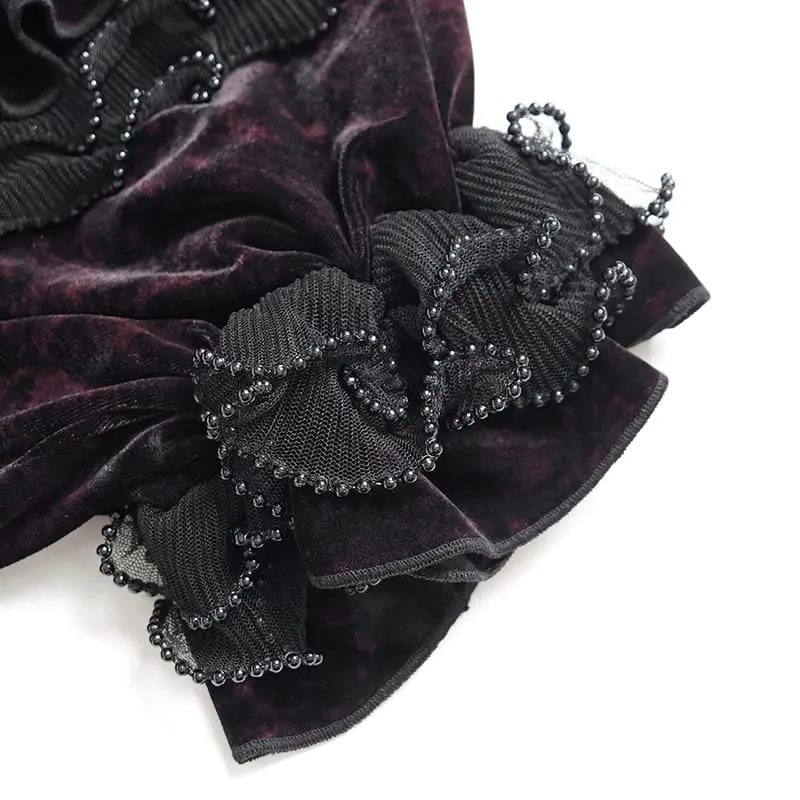 Gothic-Shorts für Damen, mehrlagig, mit Perlen und Rüschen, Samt, Schwarz-Rot