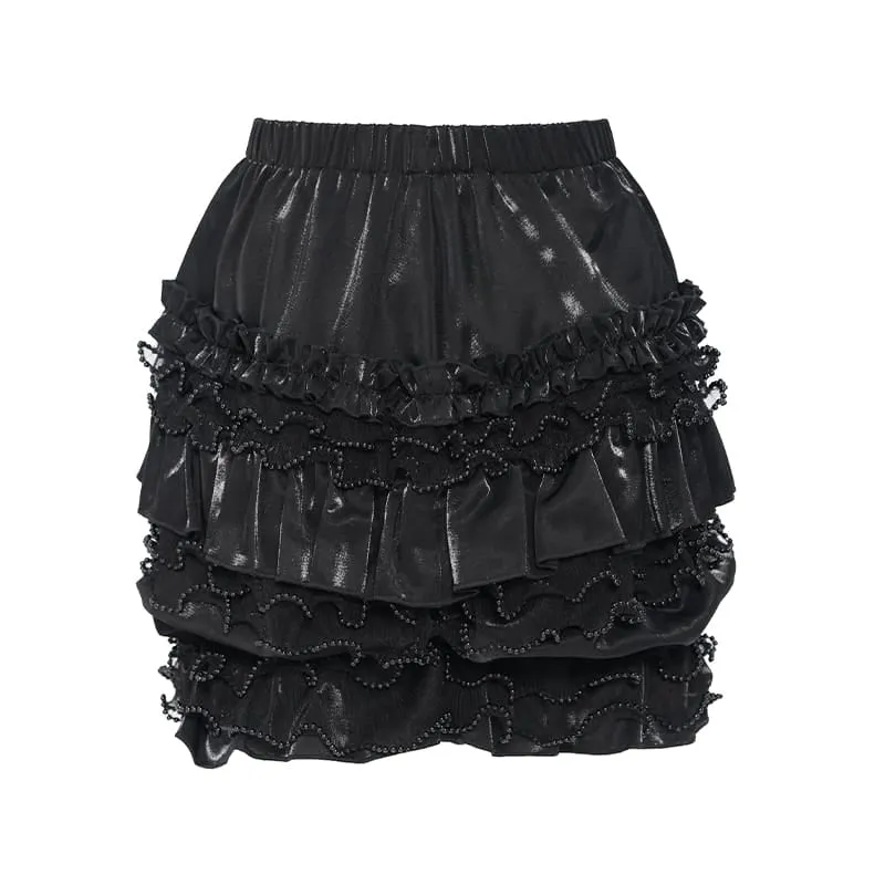Gothic-Shorts für Damen, mehrlagig, mit Perlen und Rüschen, elastischem Bund