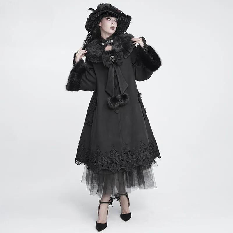 Langer Damenmantel im Gothic-Stil mit Kunstpelzkragen, Spitzenstickerei und abnehmbarer Schleife
