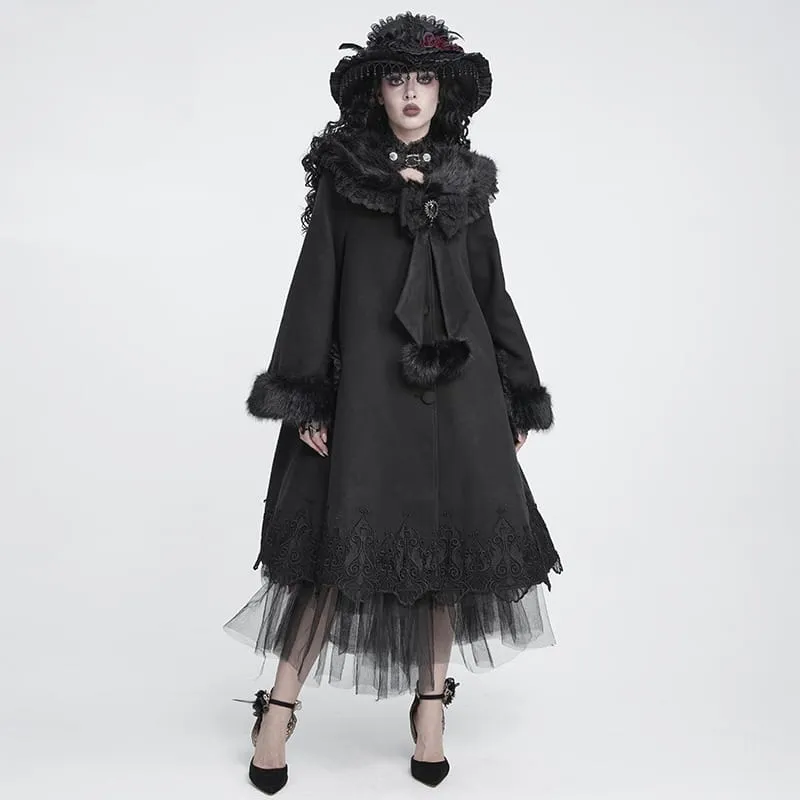 Langer Damenmantel im Gothic-Stil mit Kunstpelzkragen, Spitzenstickerei und abnehmbarer Schleife