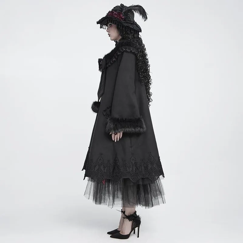 Langer Damenmantel im Gothic-Stil mit Kunstpelzkragen, Spitzenstickerei und abnehmbarer Schleife