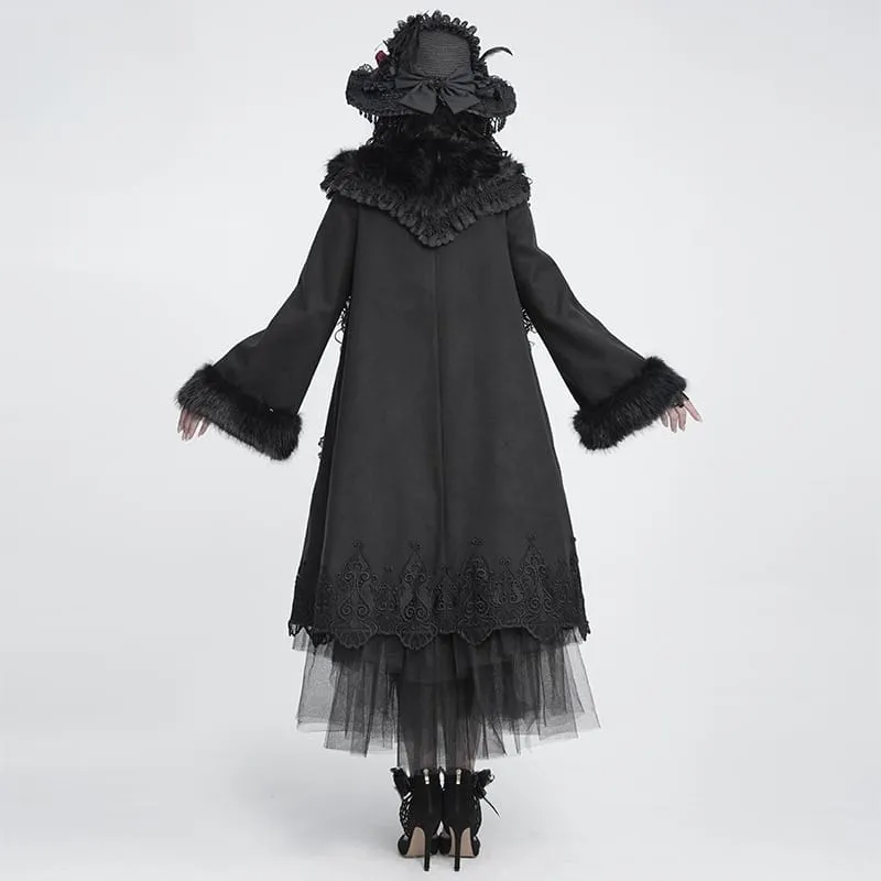 Langer Damenmantel im Gothic-Stil mit Kunstpelzkragen, Spitzenstickerei und abnehmbarer Schleife