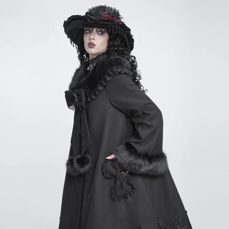 Langer Damenmantel im Gothic-Stil mit Kunstpelzkragen, Spitzenstickerei und abnehmbarer Schleife