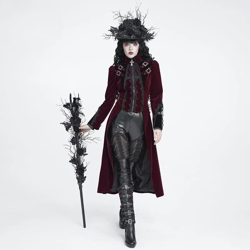 Rote Gothic-Jacke für Damen mit Perlenbesatz, Schnallenriemen und Reißverschluss