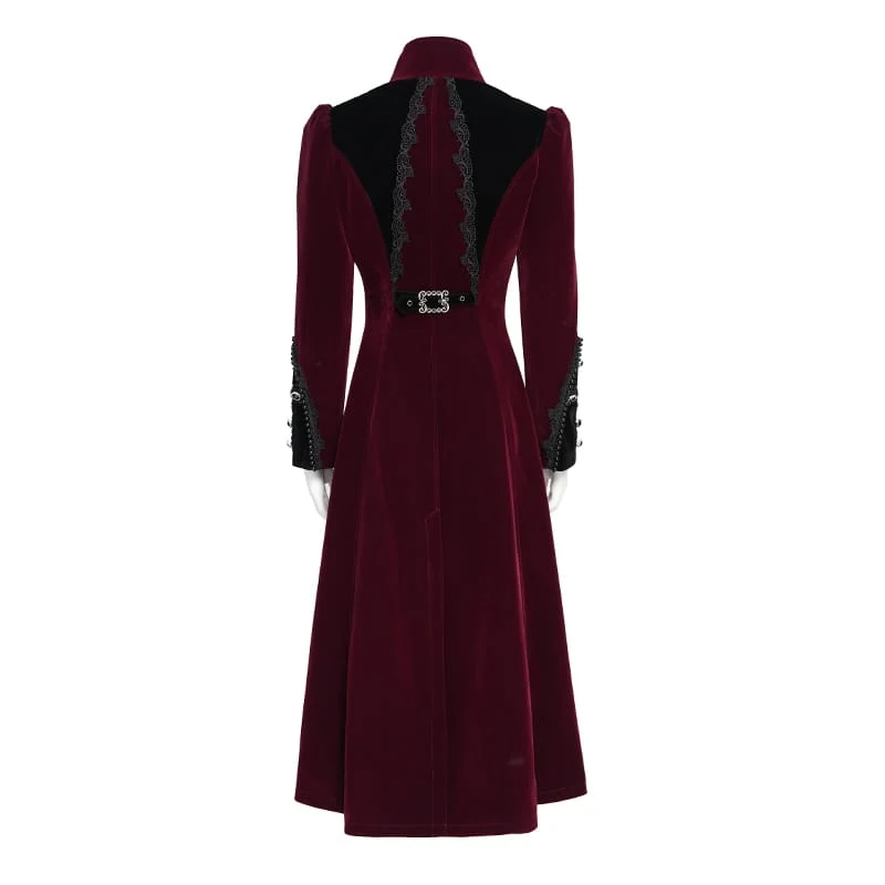 Rote Gothic-Jacke für Damen mit Perlenbesatz, Schnallenriemen und Reißverschluss