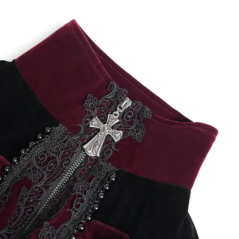 Rote Gothic-Jacke für Damen mit Perlenbesatz, Schnallenriemen und Reißverschluss