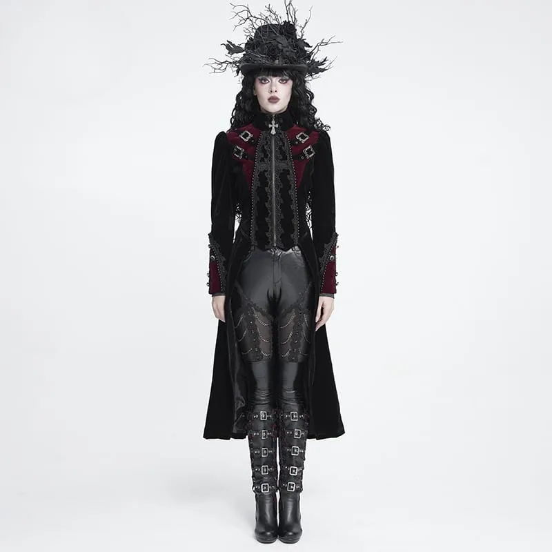 Schwarze Gothic-Jacke für Damen mit Perlenbesatz, Schnallenriemen und Reißverschluss