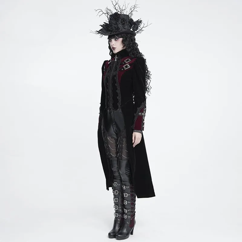 Schwarze Gothic-Jacke für Damen mit Perlenbesatz, Schnallenriemen und Reißverschluss