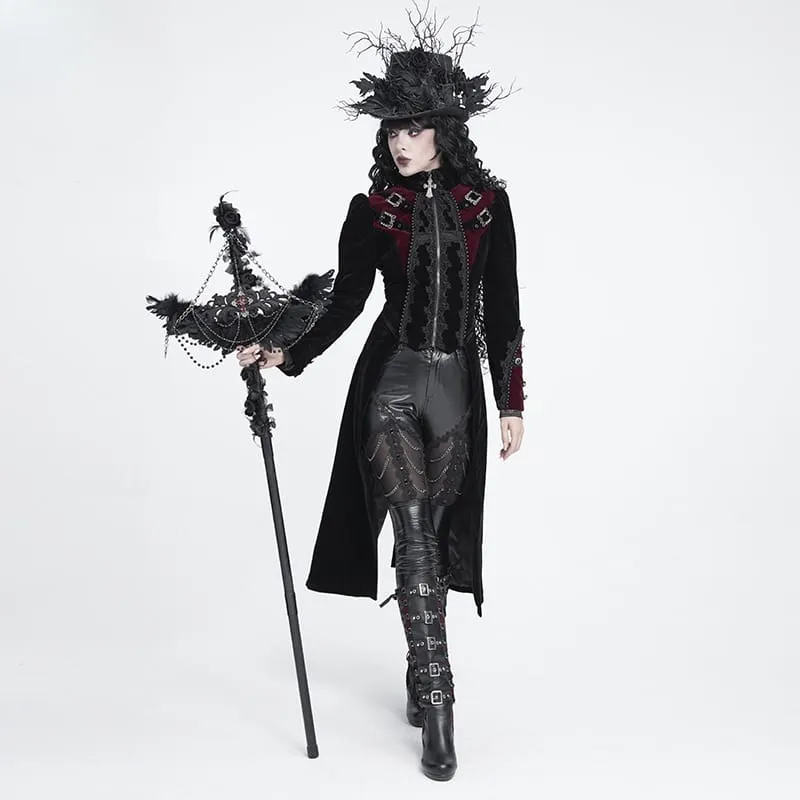 Schwarze Gothic-Jacke für Damen mit Perlenbesatz, Schnallenriemen und Reißverschluss