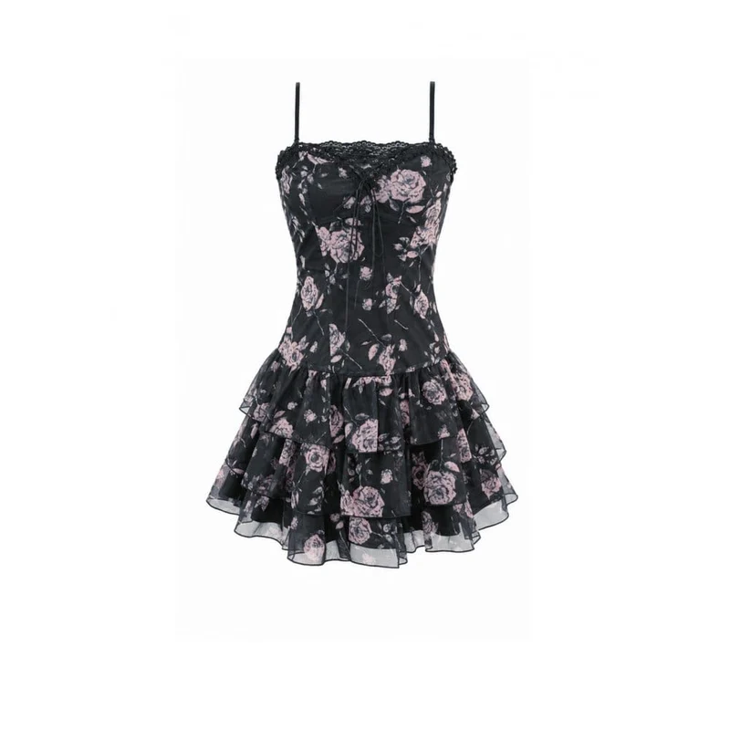 Grunge-Schnürkleid mit Rosenmuster, gestuftem Rüschensaum und rosafarbenem Saum – perfekt für den Schulabschluss