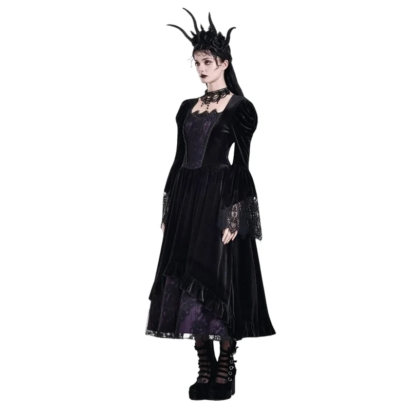Gothic-Maxikleid für Damen mit kontrastfarbenem, eckigem Kragen und Glockenärmeln – Hochzeitskleid