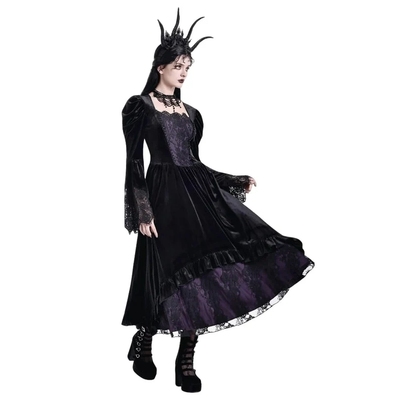 Gothic-Maxikleid für Damen mit kontrastfarbenem, eckigem Kragen und Glockenärmeln – Hochzeitskleid