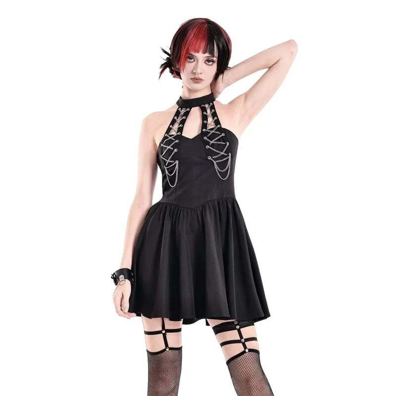 Punk-Kleid mit Ketten, Cut-outs und Neckholder für Damen, Abschlusskleid