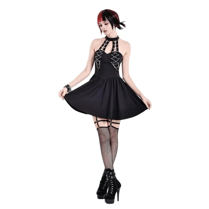 Punk-Kleid mit Ketten, Cut-outs und Neckholder für Damen, Abschlusskleid