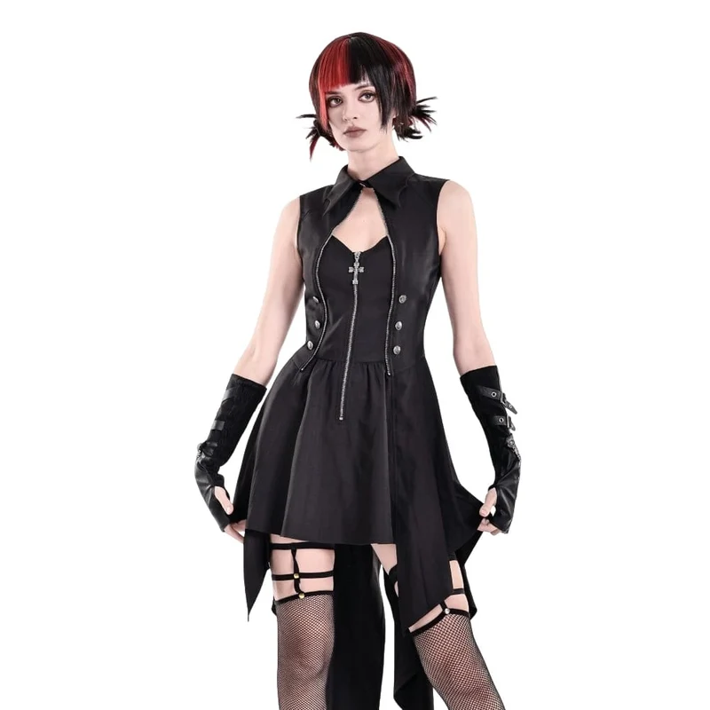 Punk-Kleid für Damen mit Cut-outs, Umlegekragen, Reißverschluss und asymmetrischem Saum